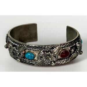Vintage Navajo Mixed Metal Cuff Bracelet Turquoise Coral Inlay 46.3g HEAVY- 8.5”